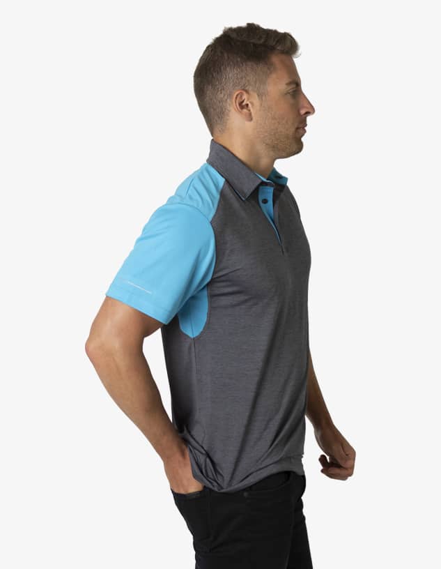 A polo shirt featuring a grey body with blue sleeves and a collar, showcasing a sleek design and a logo.