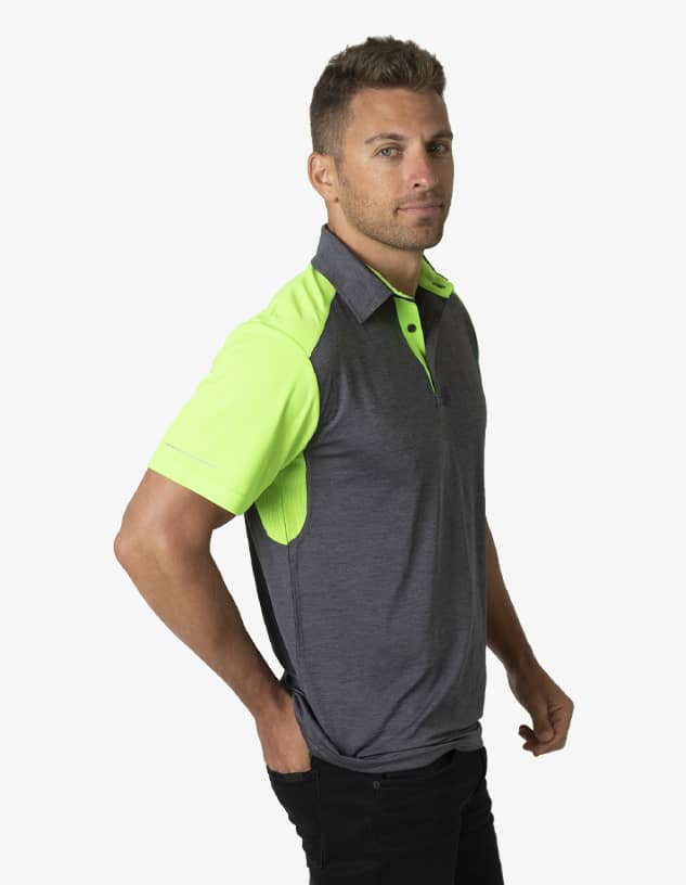 A polo shirt featuring a grey body with bright green sleeves and a collar, including a logo on the front.