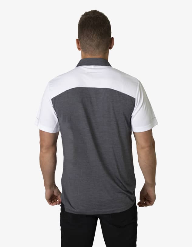 A polo shirt featuring a grey fabric with white accents on the shoulders and back, designed for casual wear.
