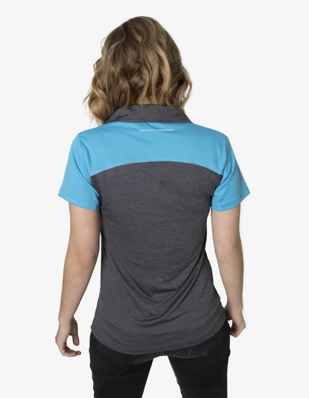 A polo shirt featuring a grey body with blue accents, showcasing a logo on the back.