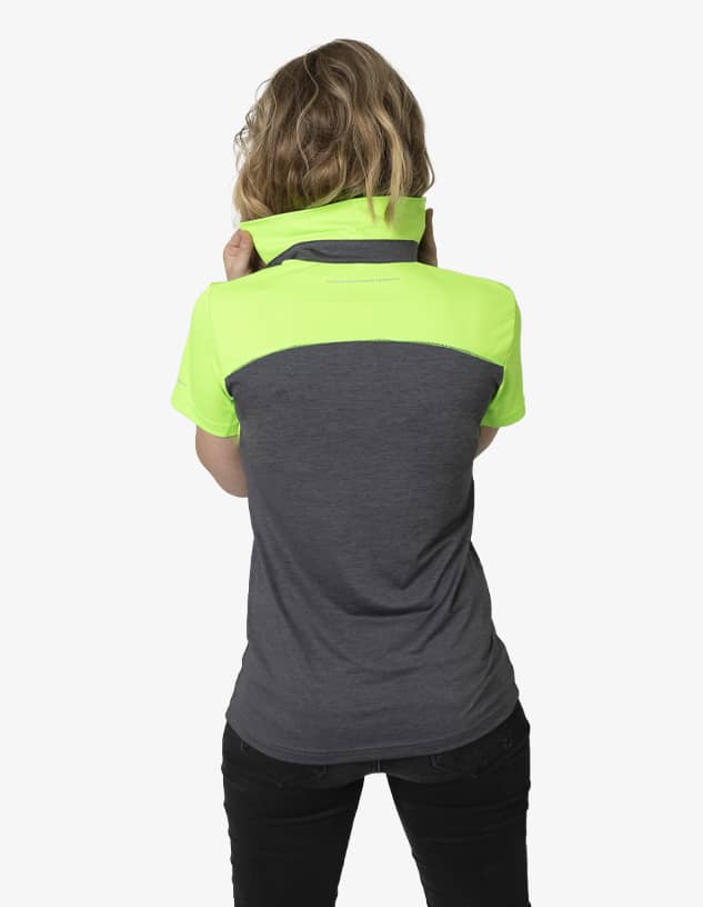 A polo shirt featuring a grey body and bright yellow-green sleeves, with a logo on the back.