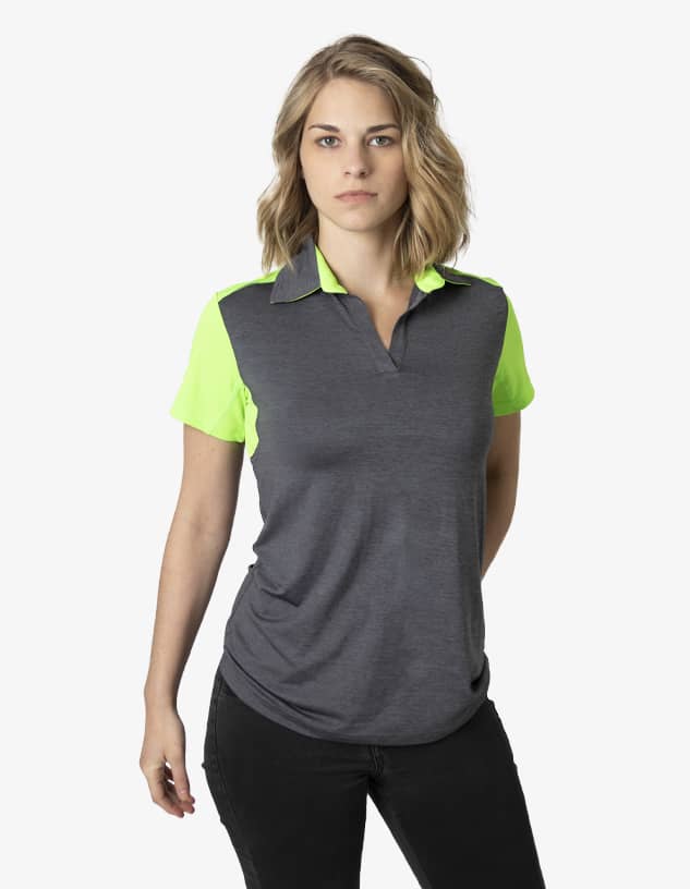A polo shirt in grey with neon green details, featuring a collar and short sleeves. It has a logo on the chest.