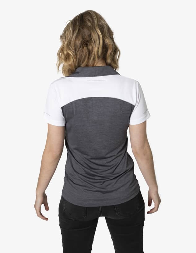 A polo shirt featuring a grey and white design and a logo on the back.