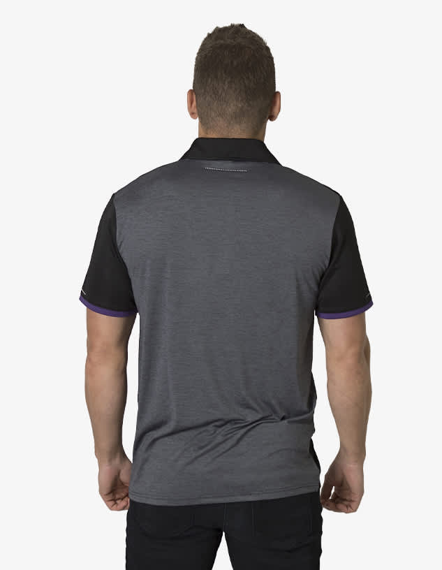 A polo shirt in grey with black sleeves and a subtle branded logo on the back.