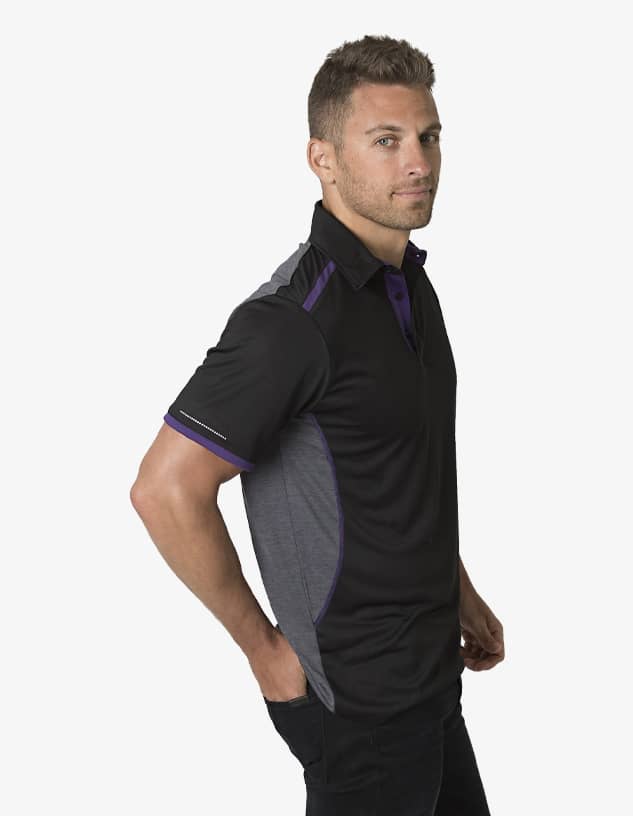 A black and grey polo shirt featuring purple accents, designed with a fitted style and a logo.