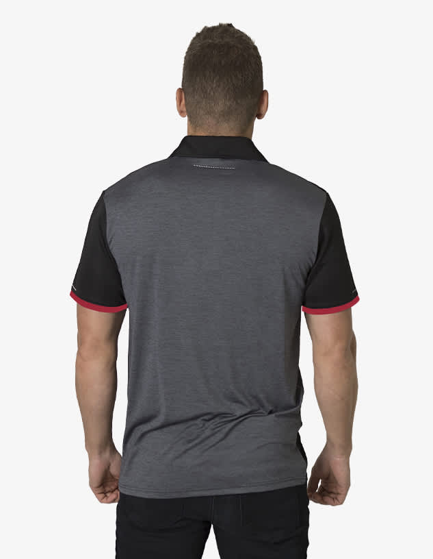 A polo shirt in grey with black sleeves and red accents, featuring a logo on the back.