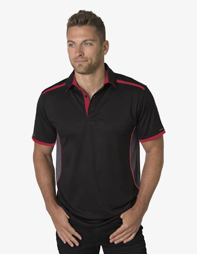 A black polo shirt with red accents and a logo, displayed on a model.