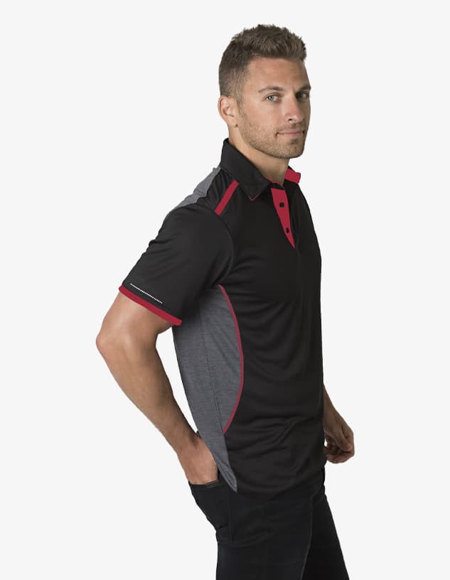 A black and grey polo shirt with red accents, featuring a logo on the chest area.