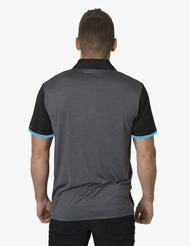 A grey polo shirt with black sleeves and turquoise accents. The shirt features a logo on the back.