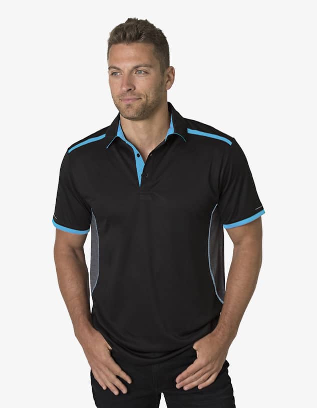 A black polo shirt featuring turquoise accents, with a logo on the chest area.
