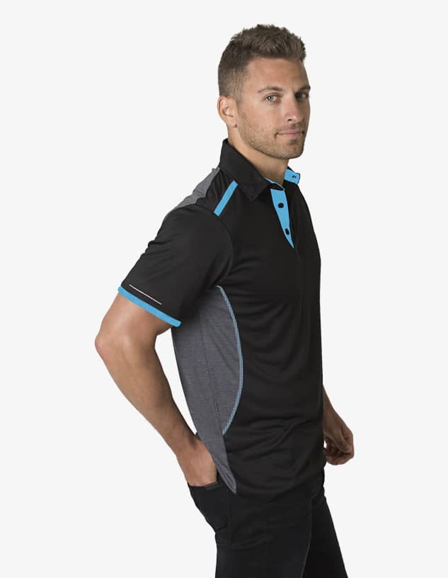 A black and grey polo shirt with blue accents and a branded logo, featuring a modern design.
