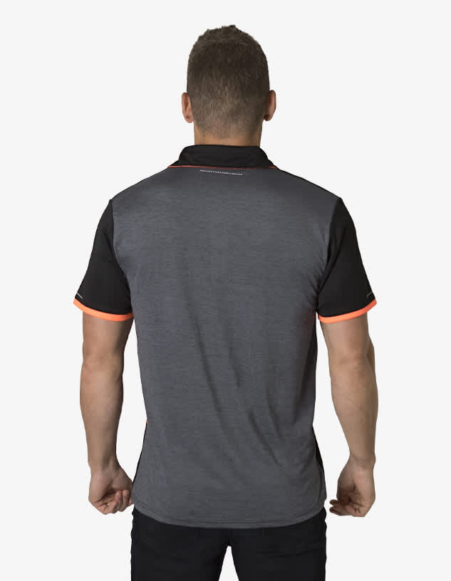A polo shirt in grey with black sleeves and orange detailing. The garment features a logo on the back.
