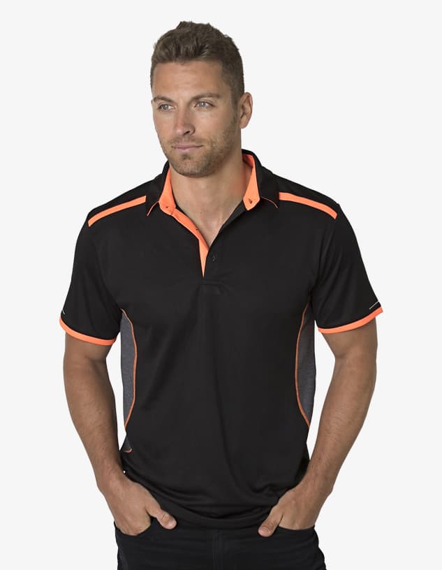A black polo shirt with orange accents and a logo, featuring a collared neckline and short sleeves.