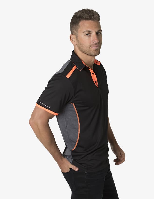 A black and grey polo shirt with orange accents and a logo on the front.