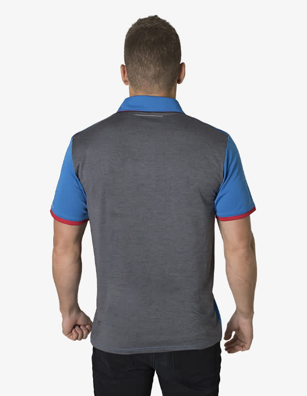 A polo shirt featuring a grey back, blue sleeves, and red trimming, with a logo on the back.