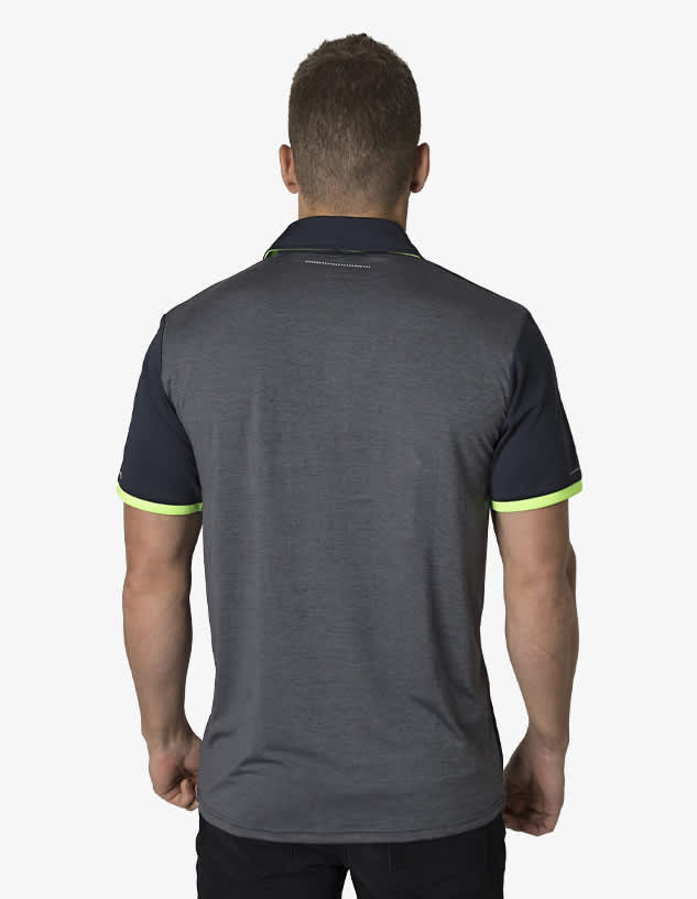 A grey polo shirt with navy sleeves and neon yellow trim, featuring a logo on the back.