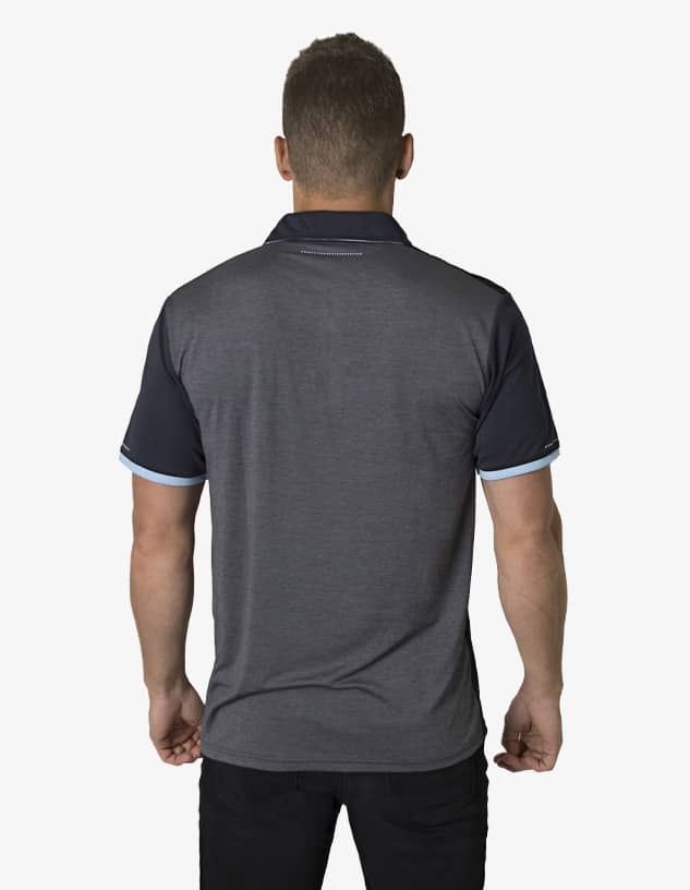 A polo shirt in dark grey with navy blue sleeves and light blue trim, featuring a logo on the back.