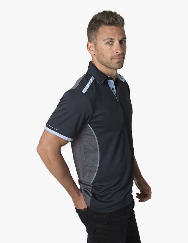 A navy polo shirt featuring light blue accents and a logo. The shirt has a modern, fitted design.