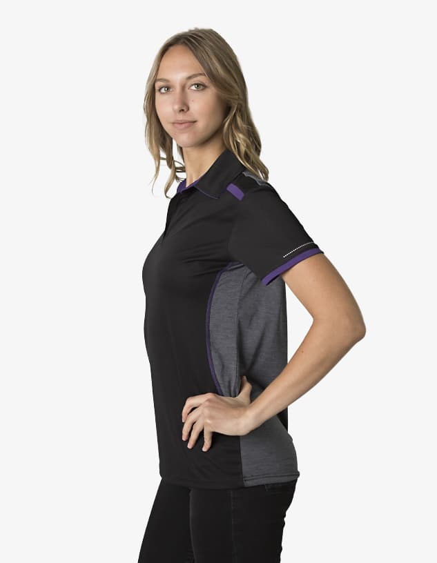 A black and grey polo shirt with purple accents and a logo displayed on the side.
