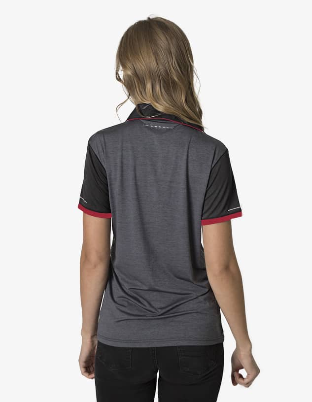 A grey and black polo shirt with red accents, featuring a logo on the back.