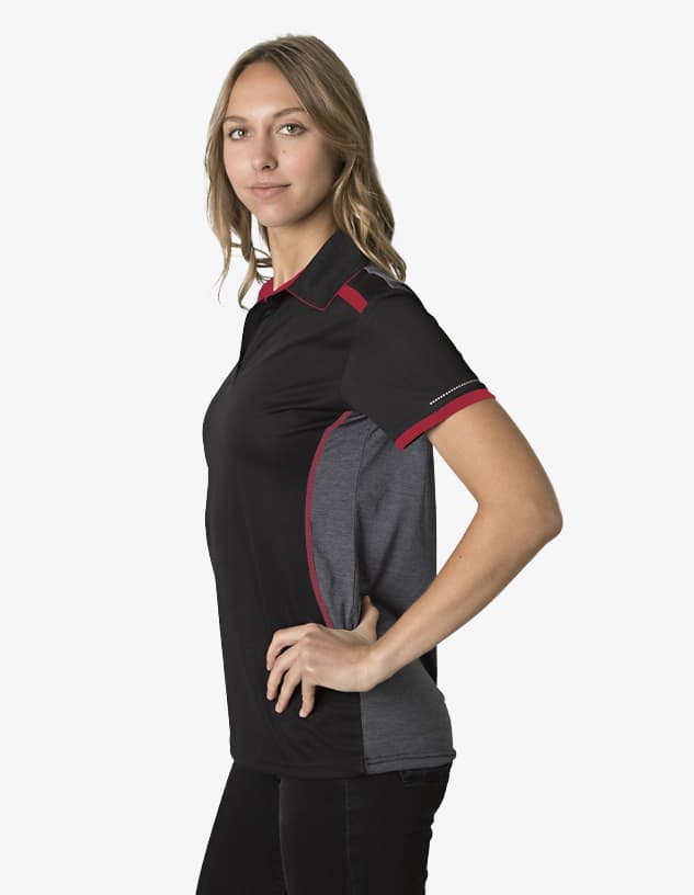 A polo shirt featuring a black body with grey and red accents, designed with a logo on it.