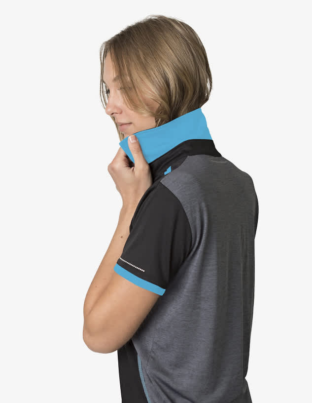 A polo shirt in black and grey with a blue collar and trim, featuring a logo on the side.