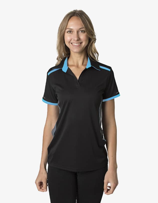 A black polo shirt with turquoise accents, featuring a logo, worn by a model.
