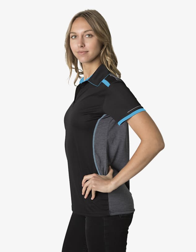 A black and grey polo shirt featuring blue accent details and a logo.