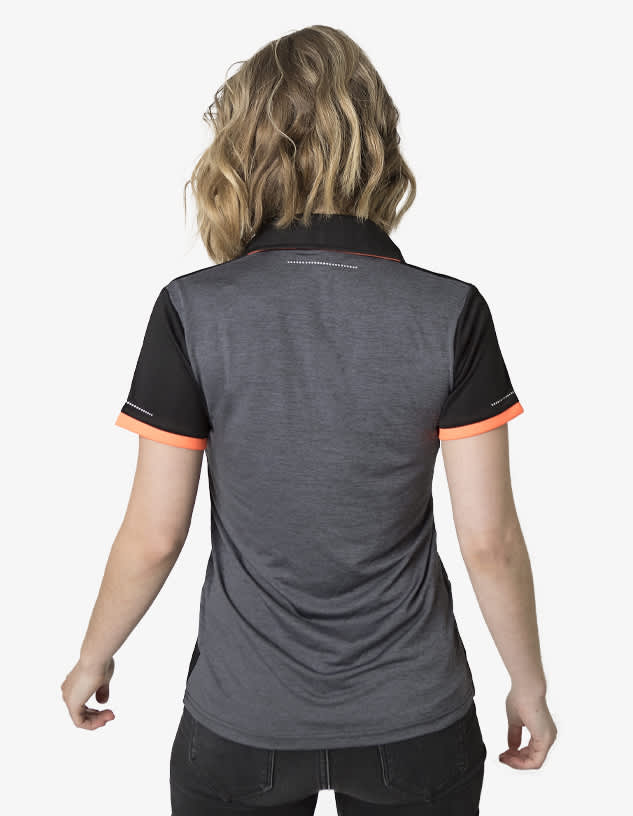 A polo shirt in grey with black and orange accents, featuring a logo on the back.
