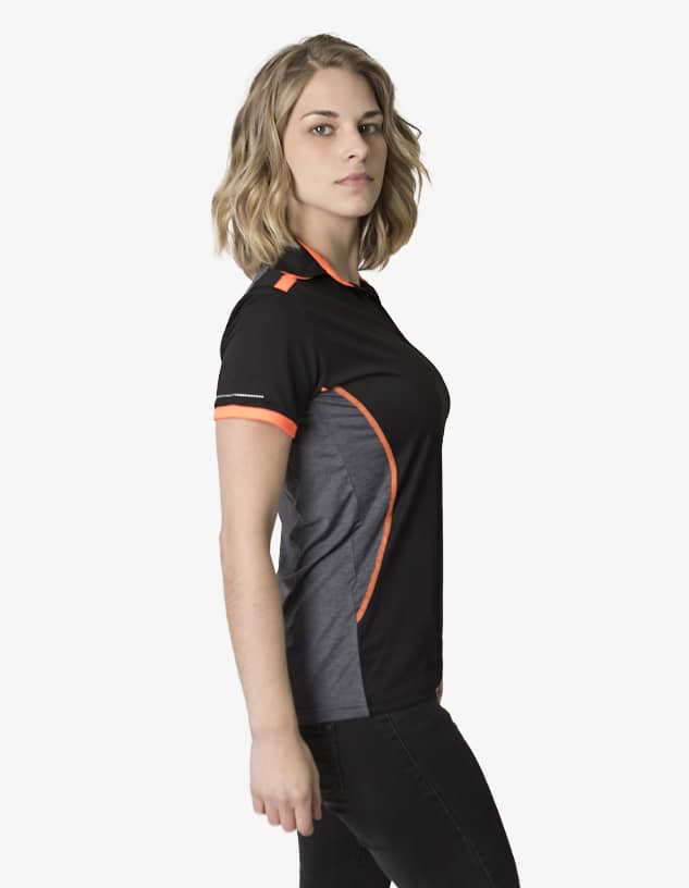 A black polo shirt featuring grey panels and orange accents, with a logo on the sleeve.