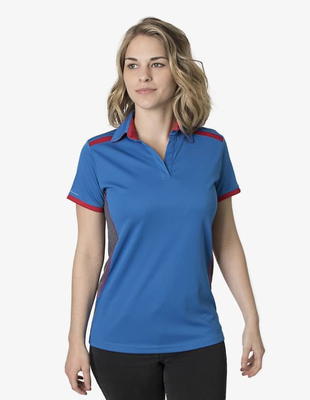 A blue polo shirt with red and grey accents, featuring a collar and short sleeves. It has a logo on the chest.