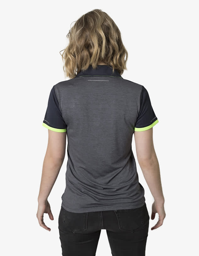 A polo shirt in grey with black sleeves and neon yellow accents, featuring a logo on the back.