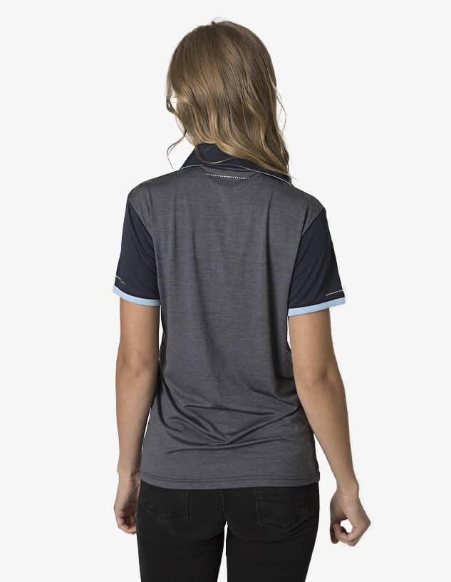 A polo shirt in grey with contrasting navy sleeves and a light blue collar, featuring a logo on the back.