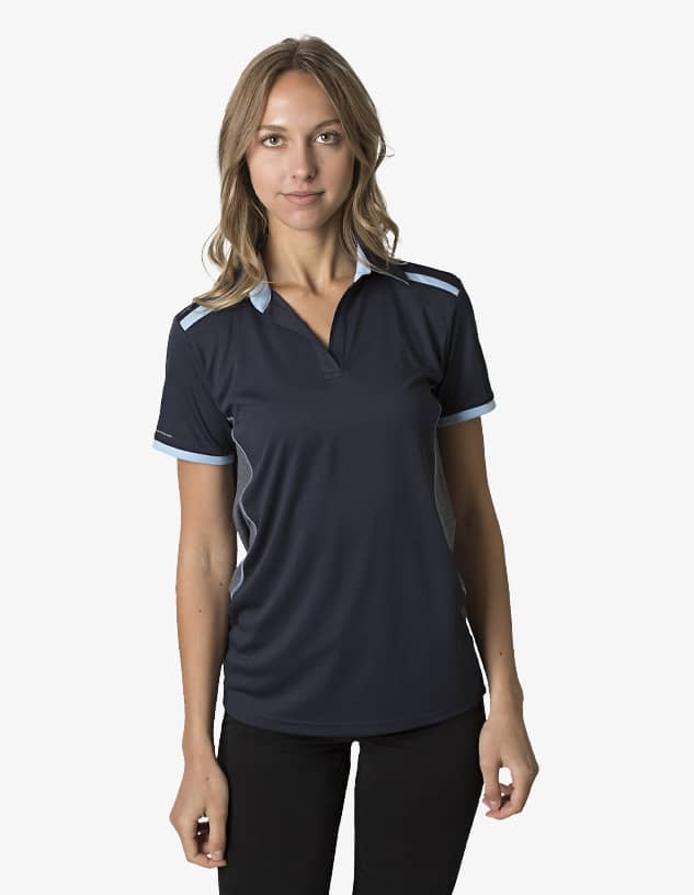 A navy polo shirt with light blue accents, featuring a logo on the left chest. Suitable for casual or active wear.