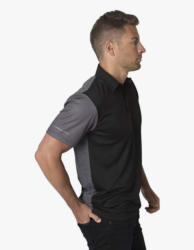 A polo shirt in black and grey with a striped pattern on the sleeves. It features a collar and has a logo.