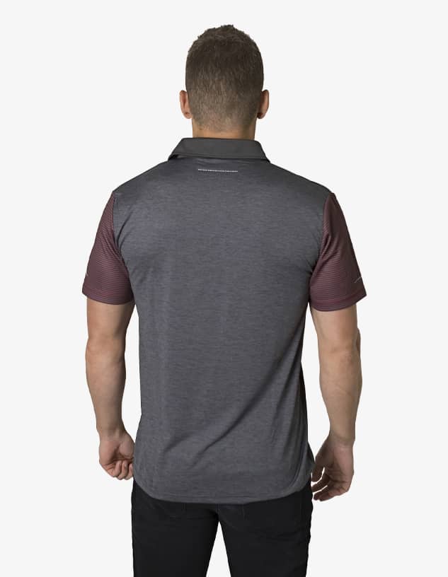 A polo shirt in grey with maroon sleeves and a logo on the back.