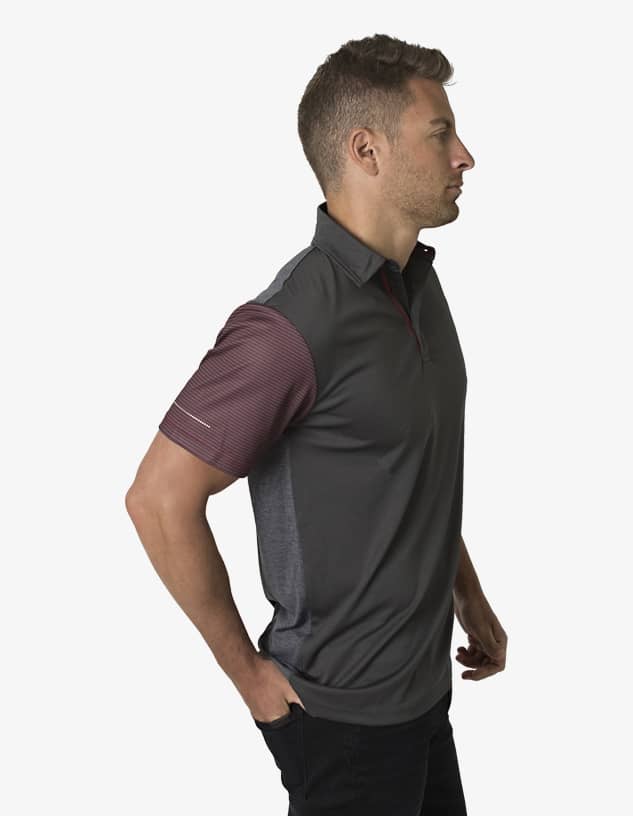 A polo shirt featuring a dark grey body and maroon striped sleeves, with a logo on the left side.