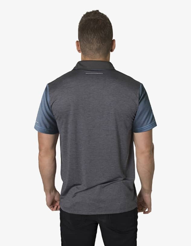 A polo shirt in grey and blue, featuring a branded logo, displayed from the back.