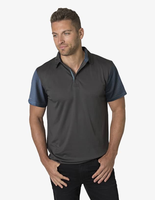 A polo shirt in dark grey with blue striped sleeves, featuring a collar and a logo.