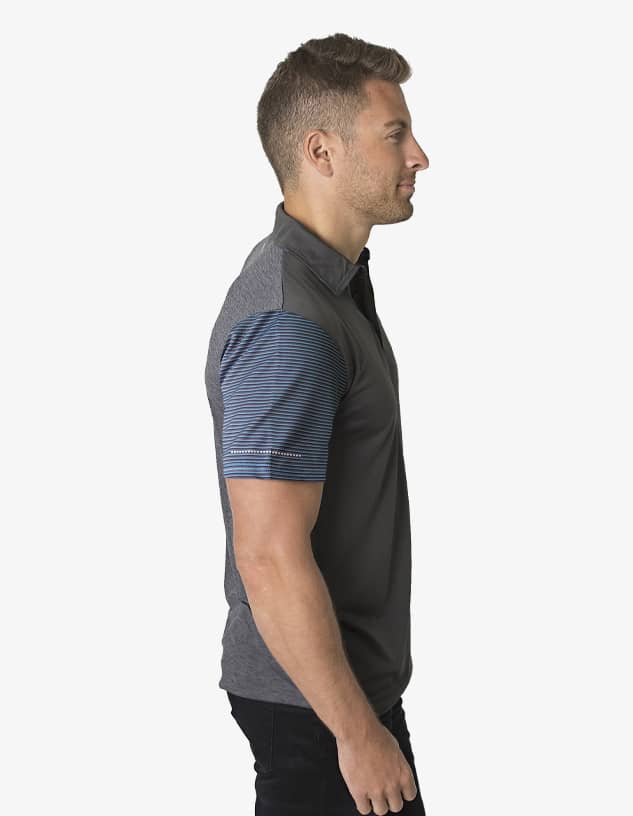 A polo shirt featuring a dark grey body with a striped blue and grey shoulder design. It has a logo.