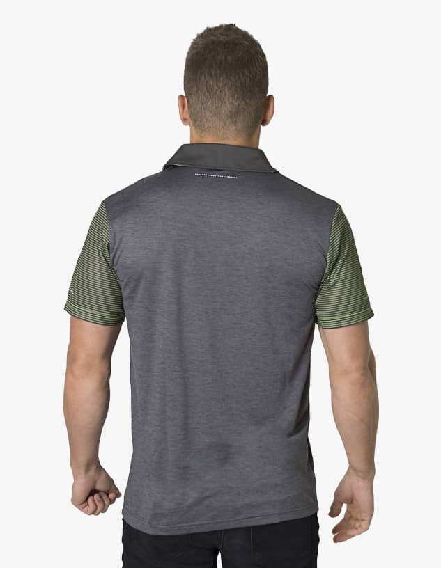 A polo shirt featuring a grey body and green striped sleeves, with a logo on the back.