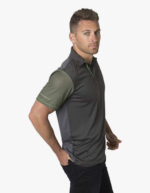A polo shirt featuring shades of grey with a striped green design and a logo on the chest.