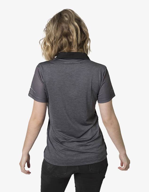 A polo shirt in dark grey with striped short sleeves, featuring a collar and a logo at the back.