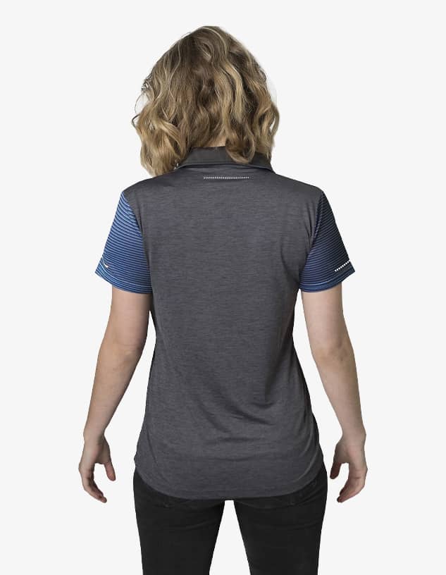 A polo shirt in dark grey with blue striped sleeves, featuring a logo on the back.