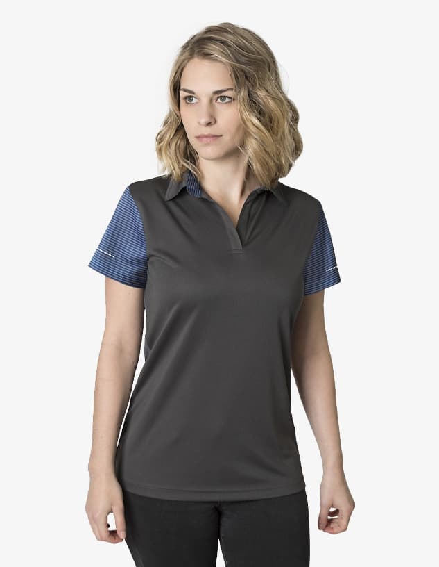 A women's polo shirt in dark grey with blue striped sleeves, featuring a collar and a logo.