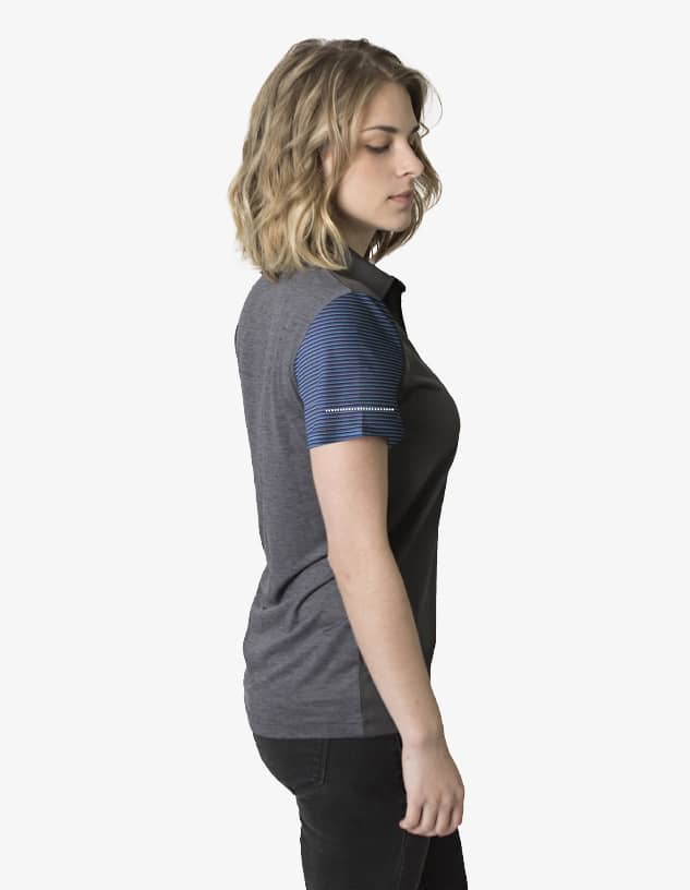 A polo shirt in grey with blue striped short sleeves and a branding logo displayed.