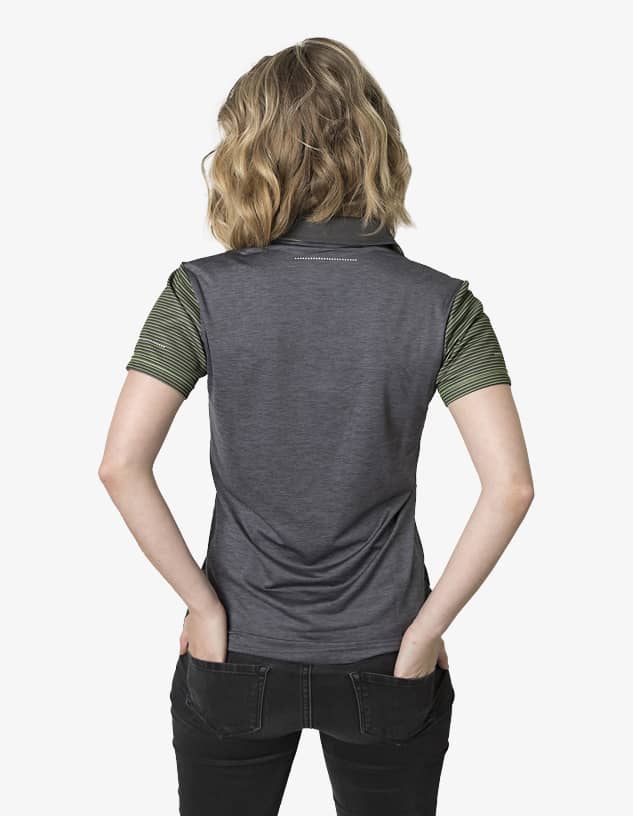 A polo shirt featuring a grey back and striped green short sleeves, with a subtle logo detail.