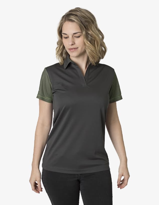 A grey polo shirt with contrasting green striped sleeves and a collar, featuring a logo.