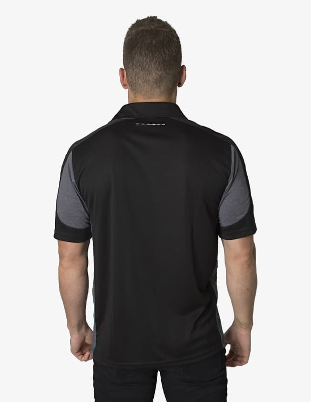 A black polo shirt with grey sleeves, featuring a logo on the back.