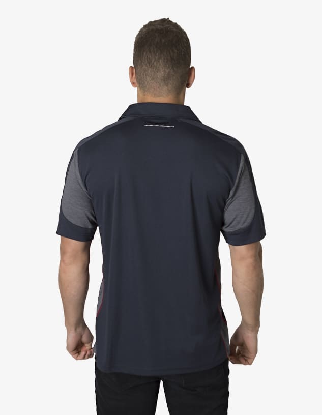 A navy and grey polo shirt with a logo on the back, features short sleeves and a collared design.